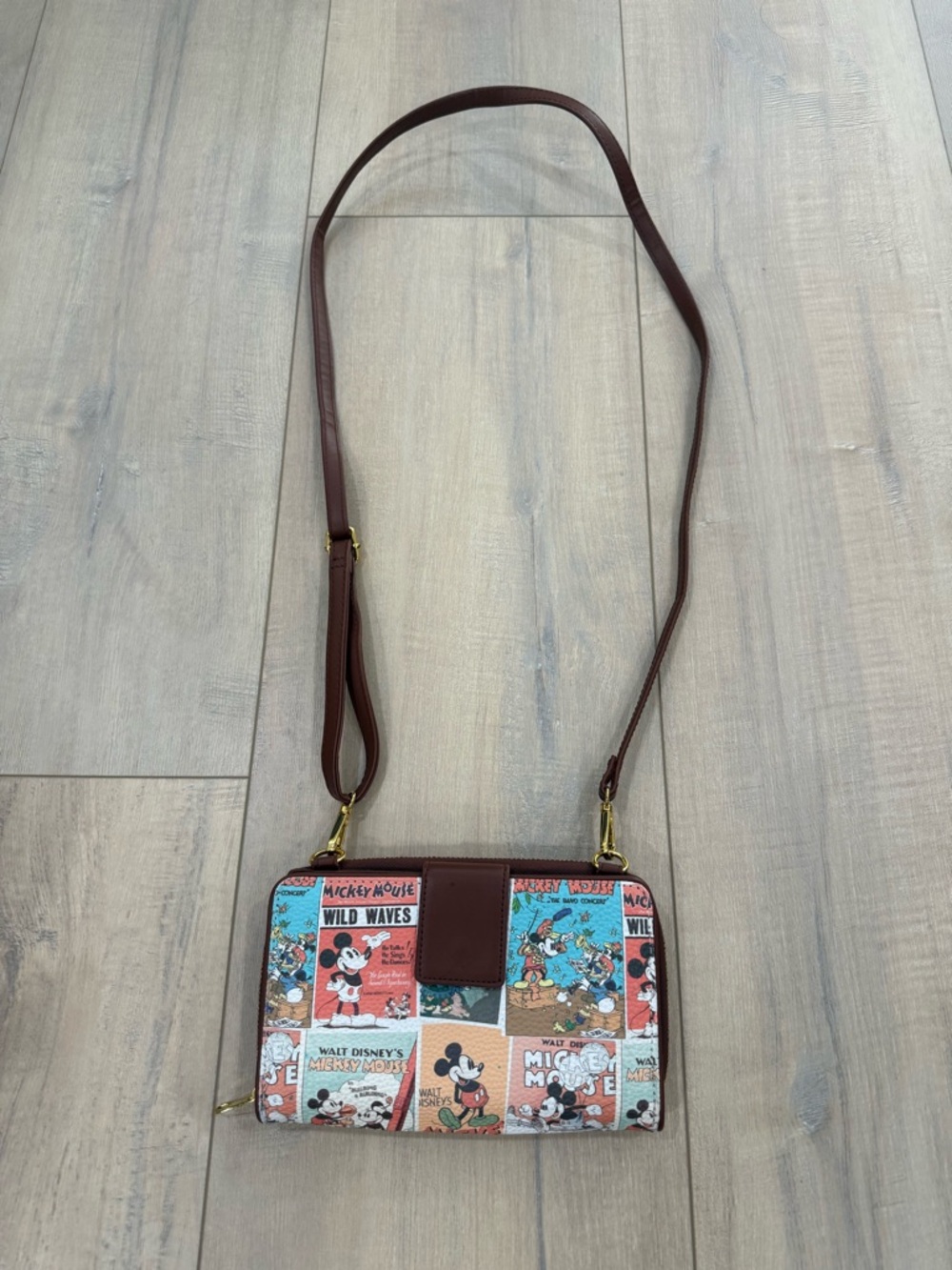 Disney Multicolor Mickey Patchwork Crossbody with Brown Trim